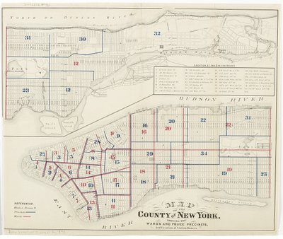 Kart over fylket New York, som viser avdelingene og politidistriktene, og plassering av stasjonshus., 1870 (blekk på papir) av American School