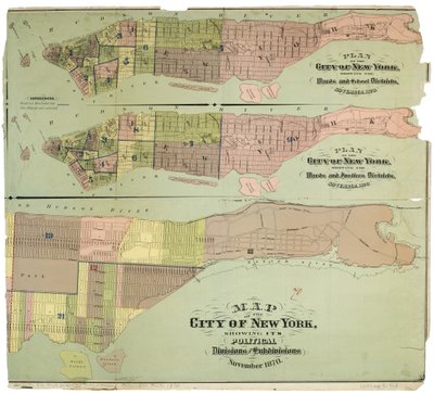 Kart over byen New York, som viser dens politiske inndelinger og underavdelinger av American School
