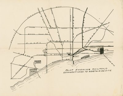 Kart som viser jernbaneforbindelser til det foreslåtte stedet for verdens Columbian Exposition på North Shore av American School