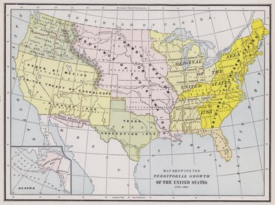 Kart som viser den territorielle veksten i USA (farget gravering) av American School
