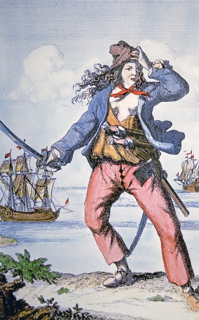 Mary Read, kvinnelig pirat (farget gravering) av American School