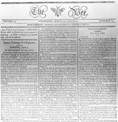 Masthead of The Bee, trykt 23. august 1797 (trykk) av American School
