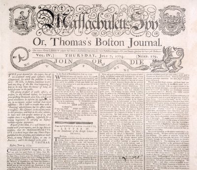 Masthead for Massachusetts Spy 7. juli 1774 (trykk) av American School