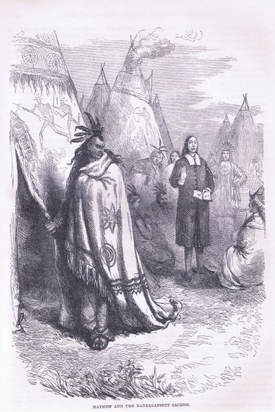 Mayhew and the Naragansett 1674, illustrasjon fra Cassell's History of the United States pub. av Petter & Galpin ca. 1890 (litho) av American School