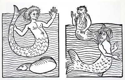 Mermaids and Mermen, fra The World Guide to Gnomes, Fairies, Alves and Other Little People av Thomas Keightley (1789-1872) Publisert 1880, (BW Engraving) av American School