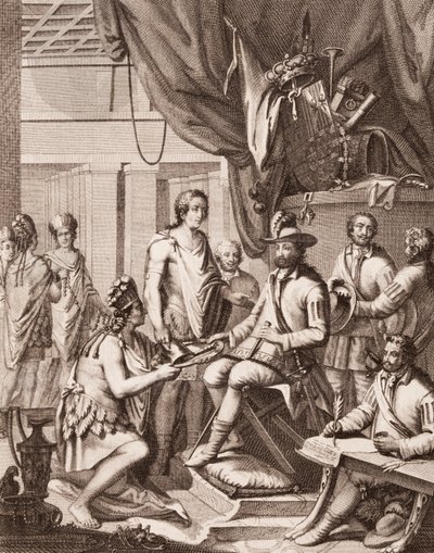 Montezuma overlater imperiet sitt til kongen av Spania, ga ham en hyllest og lover hans lydighet, fra Antonio de Solis y Rivadeneira Solis History of the Conquest of Mexico, gravert av Ximeno av American School