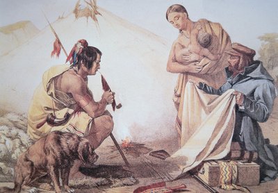 Indianere som handler med pels (farge litho) av American School