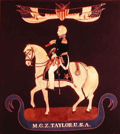 Håndarbeidsbilde som viser generalmajor Zachary Taylor på hesteryggen, ca. 1846-55 (filt, silke, lin, bomull, metall, lær, glass, maling) av American School