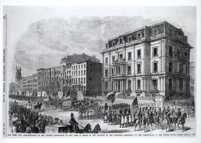 New York City: Demonstrasjon av de fargede innbyggerne i New York til ære for vedtakelsen av det femtende tillegget til grunnloven av USA, 8. april 1870, fra 