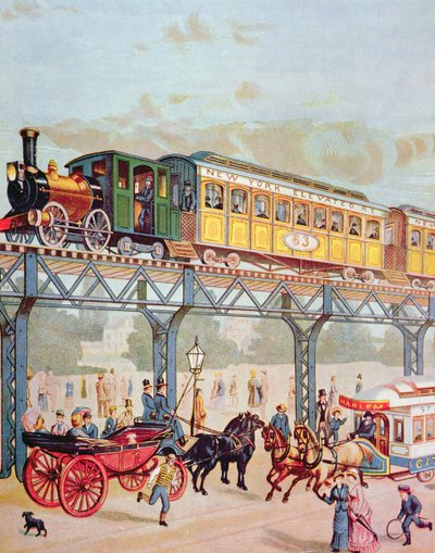 New York Elevated Railway, ca. 1880 (farge litho) av American School