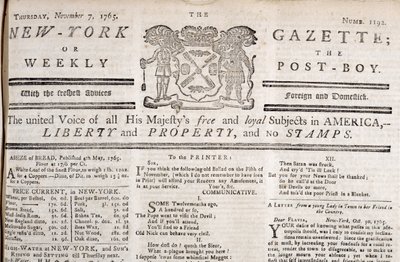 New York Gazette-topp som erklærer sin motstand mot frimerkene, trykt 7. november 1765 (trykk) av American School