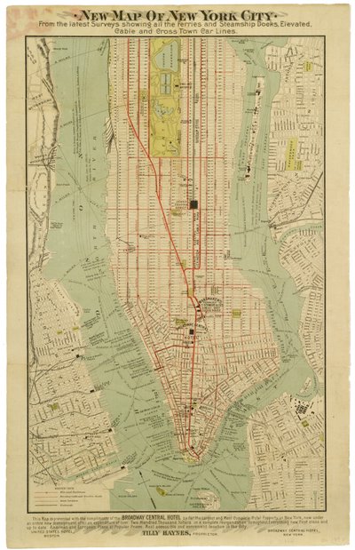 Nytt kart over New York City fra de siste undersøkelsene som viser alle ferge- og dampskipskai, forhøyede, elektriske undergrunnsbaner [sic] og kryssende bybillinjer. av American School