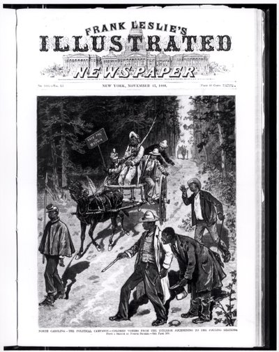North Carolina, den politiske kampanjen: Fargede velgere fra interiøret på reise til valglokalene, fra 'Frank Leslie's Illustrated Newspaper', 13. november 1880 (gravering) (svart-hvitt-foto) av American School