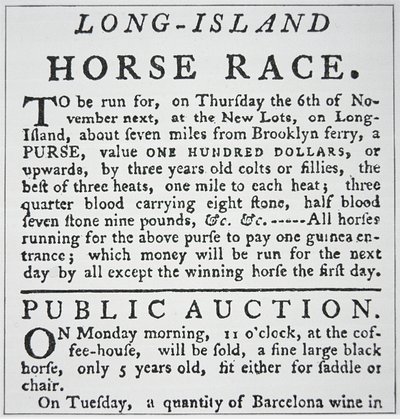 Melding om et hesteveddeløp på Long Island, fra Rivington's Gazette, New York av American School