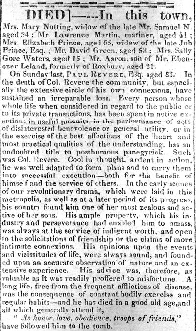 Nekrologside fra Boston Intelligencer, 16. mai 1818 (trykk) av American School