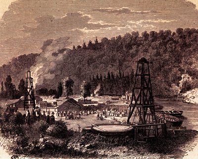 Oljefelt i Titusville i Pennsylvania, med første brønn Derrick oppfunnet av Edwin Laurentine Drake i 1859, gravering, USA av American School