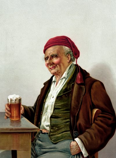 Gammel mann med en øl på en pub av American School