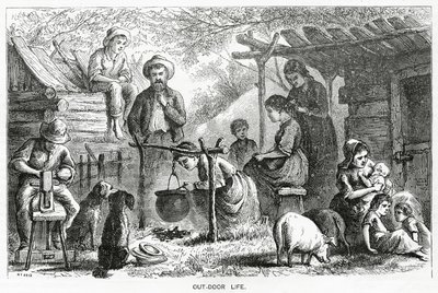 Uteliv, illustrasjon for en spillehistorie, A Community of Outcasts, fra Appletons Journal, 23. mars 1872 av American School
