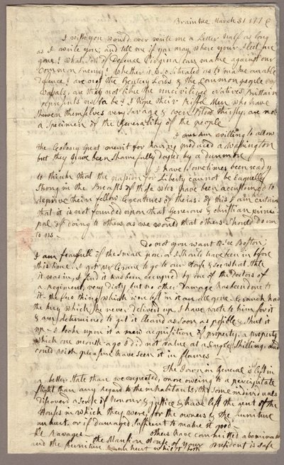 Side 1, Brev fra Abigail Adams til John Adams, 31. mars - 5. april 1776 (blekk på papir) av American School