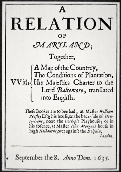 Brosjyre om Colony of Maryland utstedt av den andre Lord Baltimore av American School