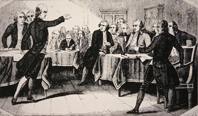 Patrick Henry før Virginia-forsamlingen i mars 1775 (litho) av American School