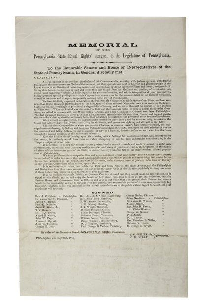 Pennsylvania State Equal Rights League, minnesmerke for Pennsylvania State Equal Rights League, til lovgiveren i Pennsylvania, 20. januar 1865 av American School