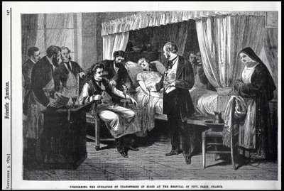Utføre operasjonen av blodtransfusjon på Hospital of Pity, Paris, Frankrike, illustrasjon fra den amerikanske forskeren av American School