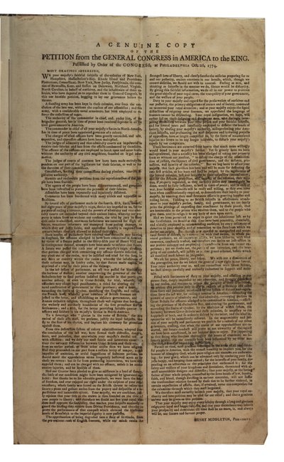 Begjæring fra generalkongressen i Amerika til kongen, kontinental kongress, 26. oktober 1774 av American School