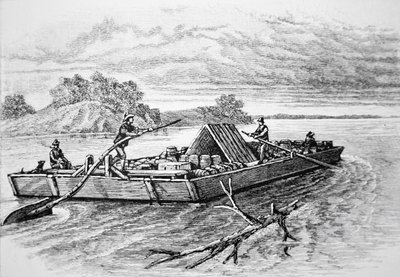 Pioneer flatbåt på Mississippi-elven, ca. 1840 (gravering) av American School