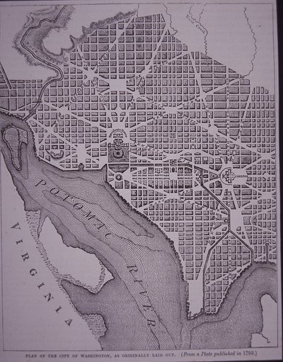 Plan for byen Washington DC som lagt ut av major Pierre Charles L'Enfant under tilsyn av George Washington, ca. 1800 (gravering) av American School