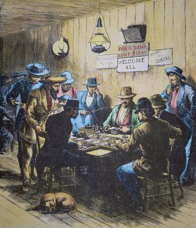 Spiller Faro i en salong i Cheyenne, Wyoming, ca. 1870 (farget gravering) av American School
