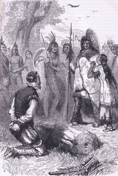 Pocahontas redder kaptein Smiths liv, illustrasjon fra Cassell's History of the United States pub. av Petter & Galpin ca. 1890 (litho) av American School