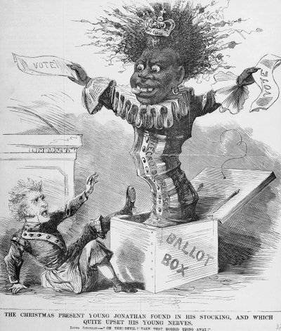 Politisk tegneserie som viser president Andrew Jackson (1767-1845) som ble skremt av utsiktene til svarte avstemninger i Amerika av American School