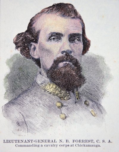 Portrett av generalløytnant Nathan B. Forrest (1821-77) (litho) av American School