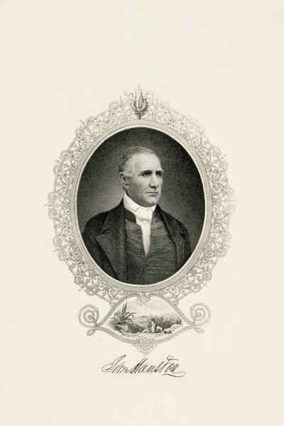 Portrett av Sam Houston med utsikt over byen, ca. 1855-c. 1860 (gravering med stålkant på vevd papir) av American School