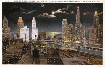 Postkort av Chicago om natten, ca. 1930 av American School