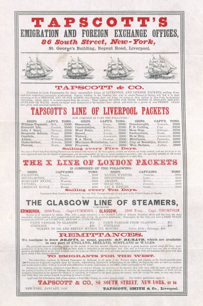 Plakatannonsering Tapscotts Emigration and Foreign Exchange Offices, New York, januar 1859 av American School