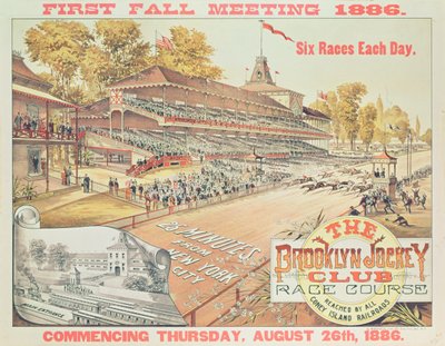 Plakat som reklamerer for Brooklyn Jockey Club Race Course, 1886 av American School