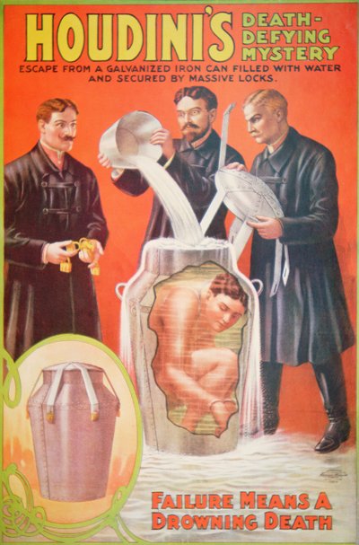 Plakat som reklamerer for en ny handling av Houdini (farge litho) av American School