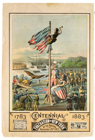 Plakat som reklamerer for hundreårsjubileet for evakueringen av New York av britene 25. november 1783, 1883 av American School