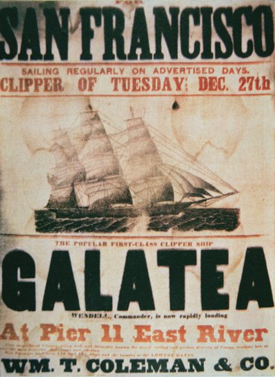 Plakat som reklamerer for ruten New York til San Francisco til klippeskipet 'Galatea', ca. 1855 (litho i farge) av American School