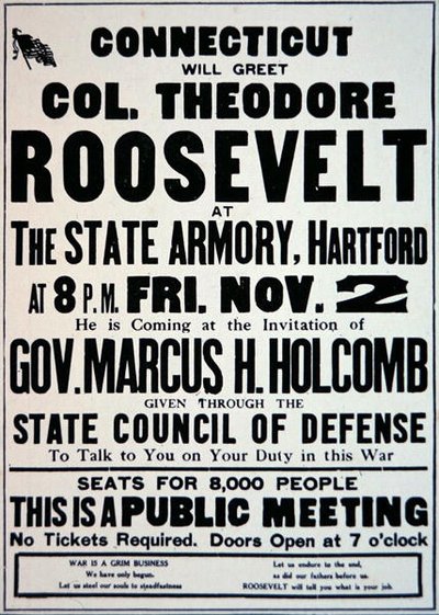 Plakat som annonserer et møte for tilhengere av USAs inntreden i WWI av American School