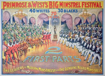 Plakat med 'Primrose & West's Big Minstrel Festival, ca. 1880 (farge litho) av American School