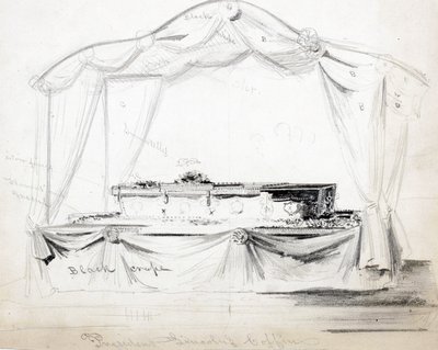 President Abraham Lincolns kiste ligger i staten i Det hvite hus, Washington D.C., april 1865 (blyant, blekk og vask på papir) av American School