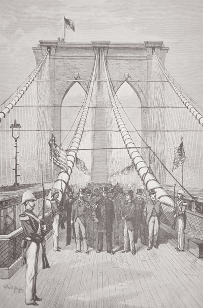 President Chester A. Arthur ved åpningsseremonien til den nye Brooklyn Bridge, 24. mai 1883 (litho) av American School