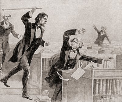 Preston Smith Brooks, en ivrig talsmann for slaveri, angrep senator Charles Sumner, en avskaffelsesmann, med en stokk på gulvet i USAs senat, 22. mai av American School
