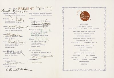 Trykt meny signert av Winston Churchill og Franklin D. Roosvelt, U.S. Flagship Augusta, Ship