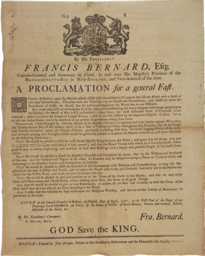 Erklæring i navnet til Francis Bernard, guvernør i Massachusetts Bay: kunngjør en fastedag under den franske og indiske krigen, 8. april, 1761 av American School