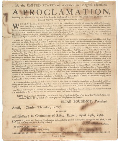 Erklæring fra kongressen som erklærer opphør av våpen og slutt på krigen, 24. april 1783 av American School