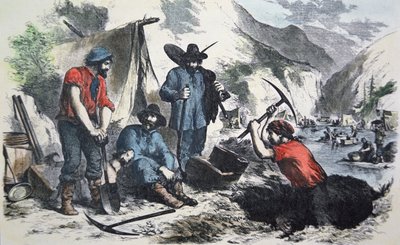 Prospektører under California Gold Rush i 1849 (farge litho) av American School